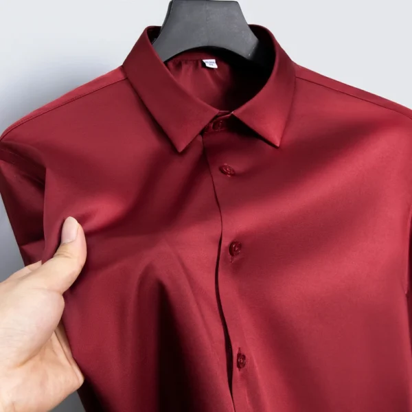 Summer shirt, men's white glossy non ironing shirt, men's wrinkle resistant ice silk casual high-end seamless business shirt