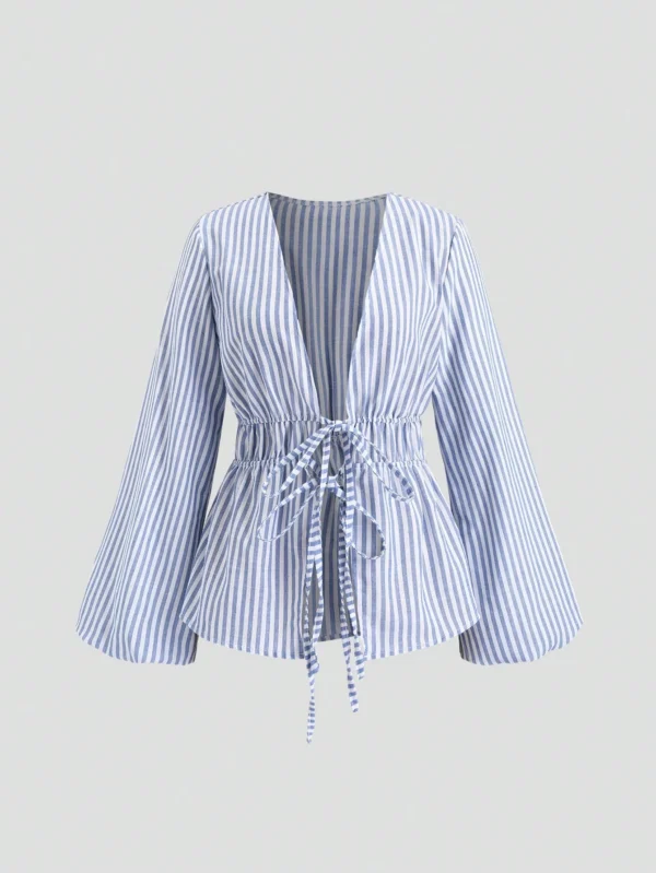 Striped Tie Bow Puff Sleeve Shirt