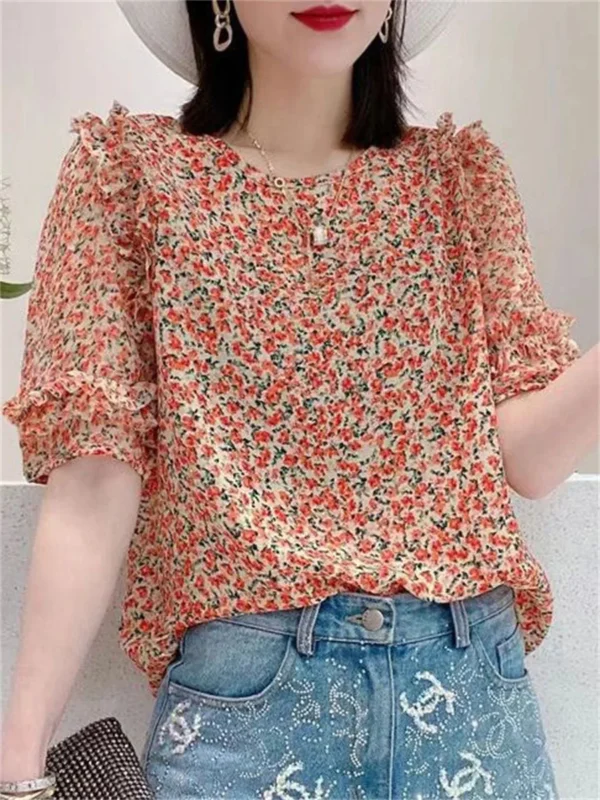 Women's Summer Casual Blouse Short Sleeve Bow Tie Collar Printed Top Lady Style Shirt Fashionable Summer Blouse