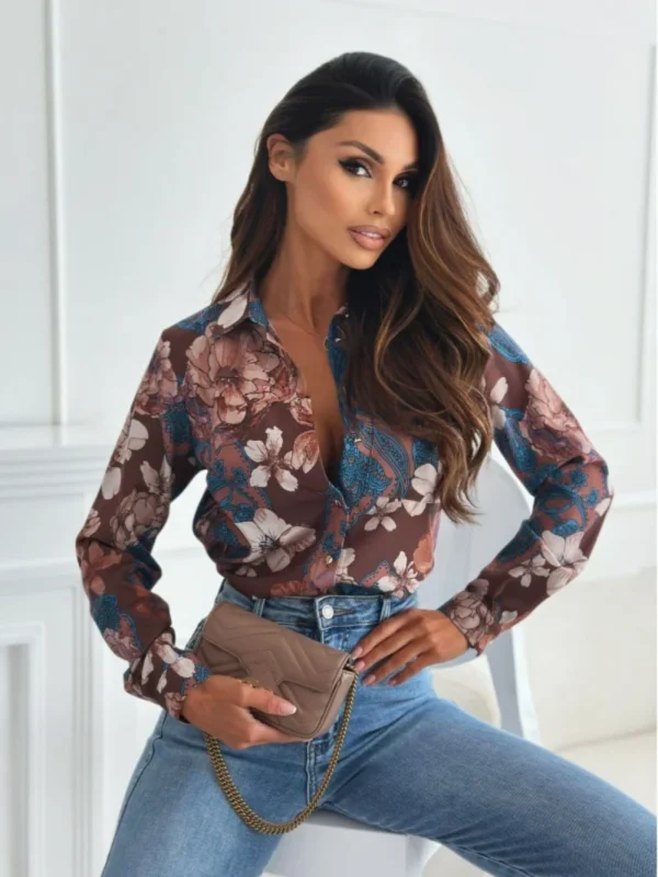 Light Weight Shirt for Women Aesthetic Floral Work Blouse Bishop Sleeve Button-Down V-Neck Shirt Tops Going Out Shirt