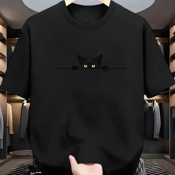 Men's new summer cute kitten print soft and breathable round neck T-shirt outdoor casual versatile top